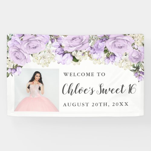 Rustic Purpl White Floral Photo Sweet 16 Party Banner