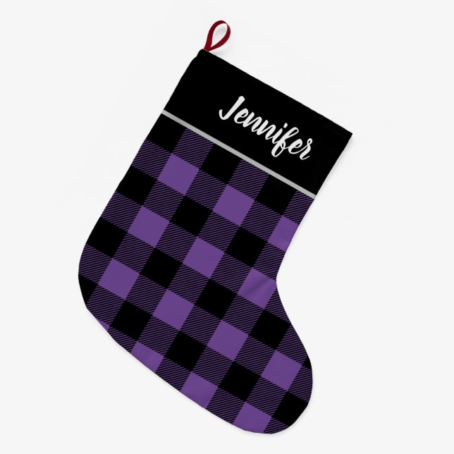 Rustic Purple and Black Buffalo Check Monogram Large Christmas Stocking (Front (Hanging))