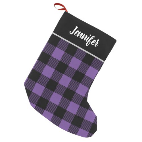 Rustic Purple and Black Buffalo Check Monogram Small Christmas Stocking