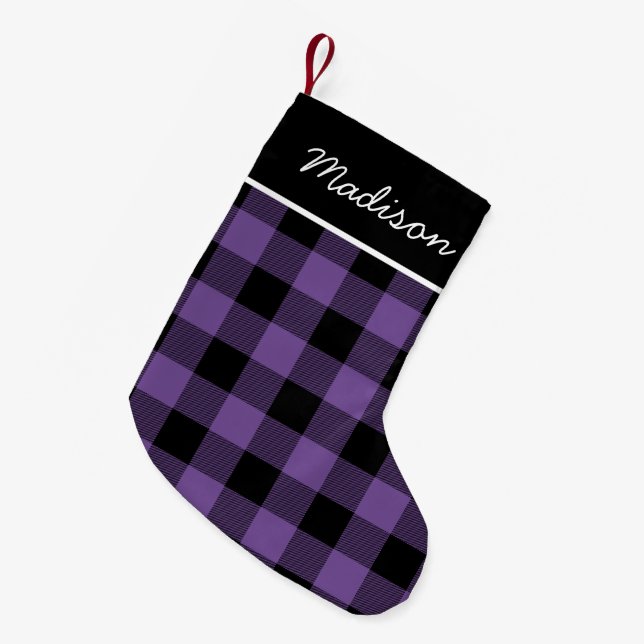 Rustic Purple and Black Buffalo Check Monogram Small Christmas Stocking (Front (Hanging))