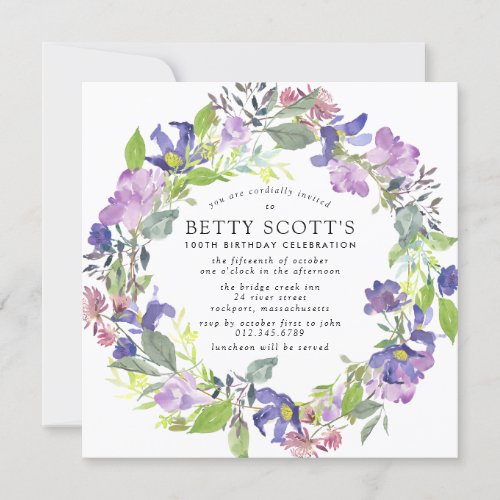 Rustic Purple and Blue Floral 100th Birthday Party Invitation