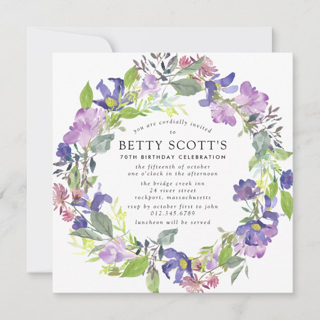 Rustic Purple and Blue Floral 70th Birthday Party Invitation (Front)