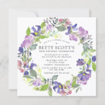 Rustic Purple and Blue Floral 90th Birthday Party Invitation<br><div class="desc">Pretty and feminine blue and purple floral wreath surrounds your 90th birthday party details. The blue and purple flowers are nestled in soft green foliage. The floral wreath has an open and airy modern botanical boho vibe. The floral design is carried over to the back where a small bouquet surrounds...</div>