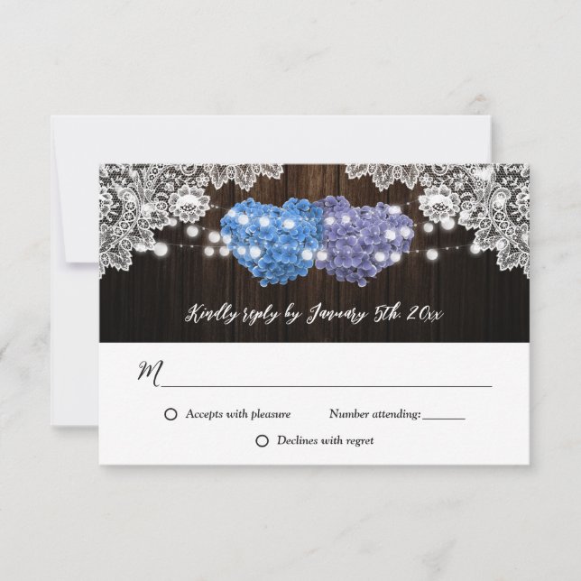 Rustic Purple and Blue Floral Lace Wood Wedding RSVP Card (Front)