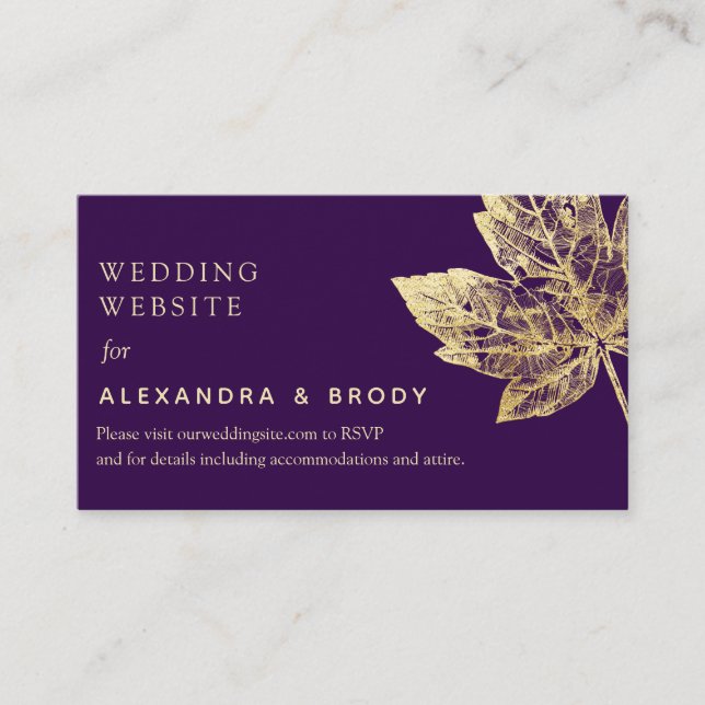 Rustic Purple and Gold Foil Leaves Fall  Enclosure Card (Front)