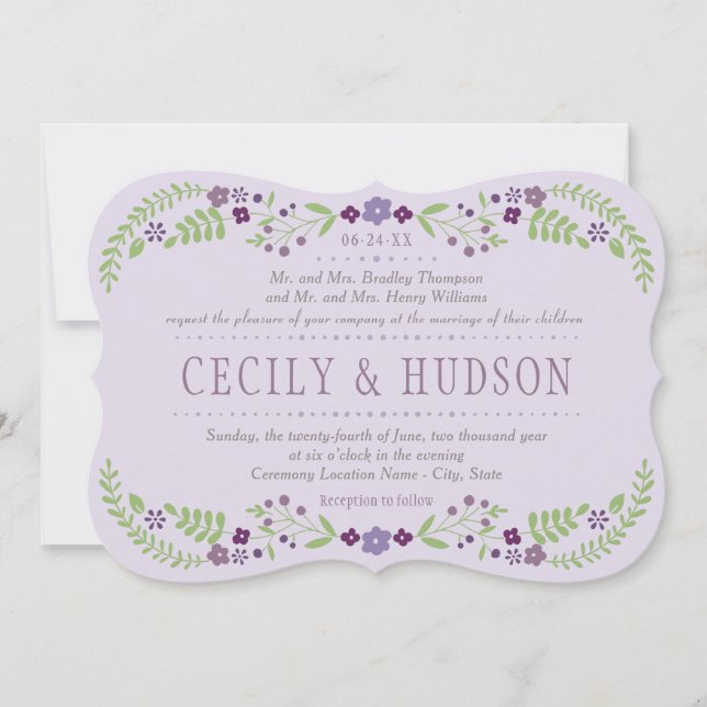 Rustic Purple and Green Floral Wedding Invitation (Front)