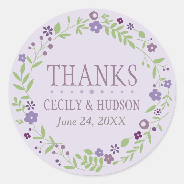 Rustic Purple and Green Floral Wreath Wedding Classic Round Sticker (Front)