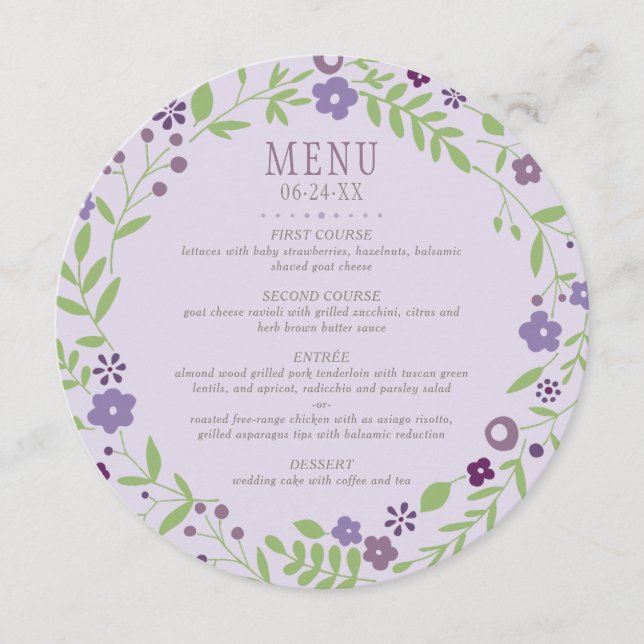 Rustic Purple and Green Floral Wreath Wedding Menu (Front)