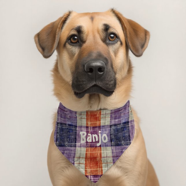 Rustic Purple and Orange Plaid Pet Bandana Collar (Dog 2)
