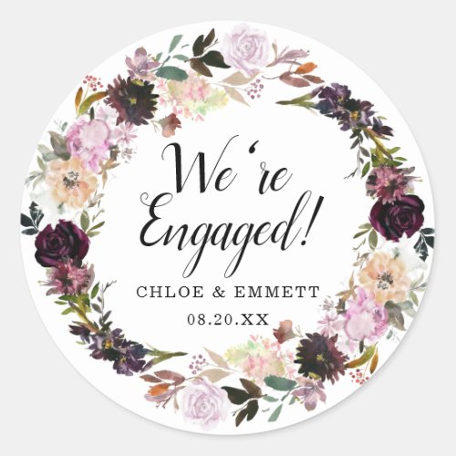 Rustic Purple and Pink Floral Were Engaged Classic Round Sticker