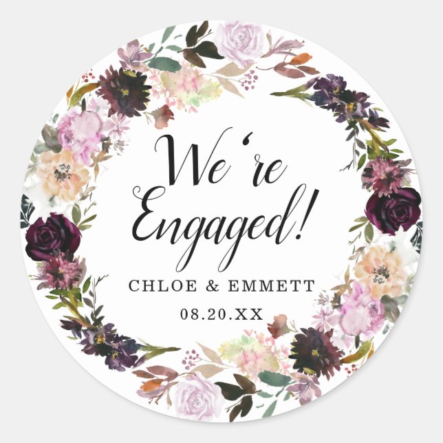 Rustic Purple and Pink Floral We're Engaged Classic Round Sticker (Front)