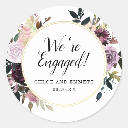 Rustic Purple and Pink Floral Were Engaged Classic Round Sticker