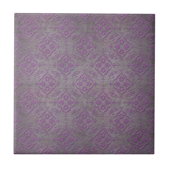 Rustic Purple and Steel Grey Damask Ceramic Tile (Front)