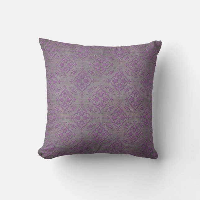 Rustic Purple and Steel Grey Damask Throw Pillow (Front)