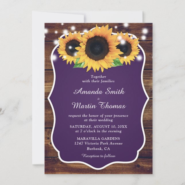 Rustic Purple and Sunflower Wedding Invitation (Front)