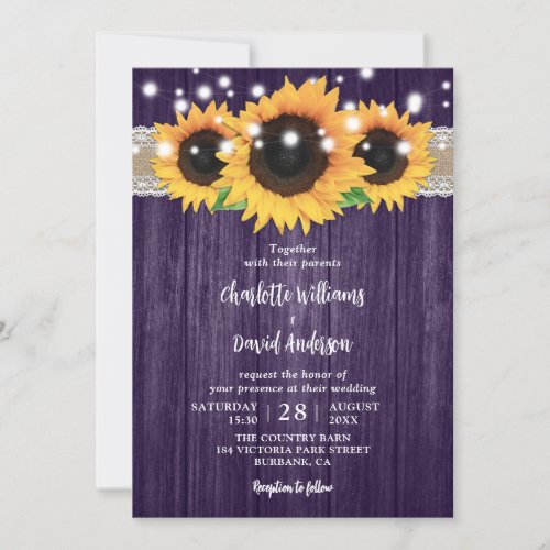 Rustic Purple and Sunflower Wedding Invitations