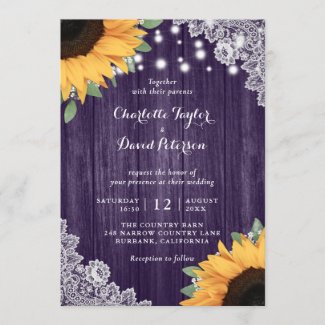 Rustic Purple and Sunflower Wedding Invitations