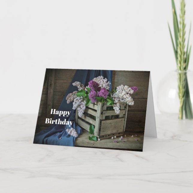 Rustic Purple and White Lilacs Floral Birthday Card (Front)