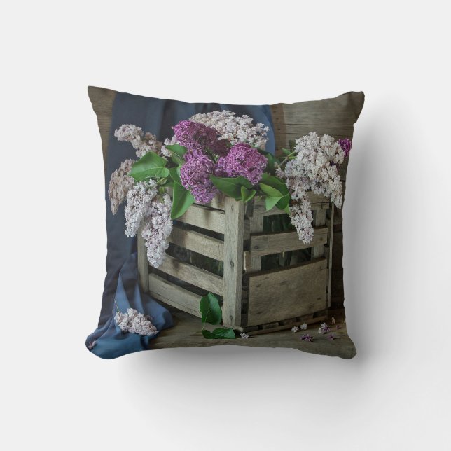 Rustic Purple and White Lilacs Floral Photo Throw Pillow (Front)