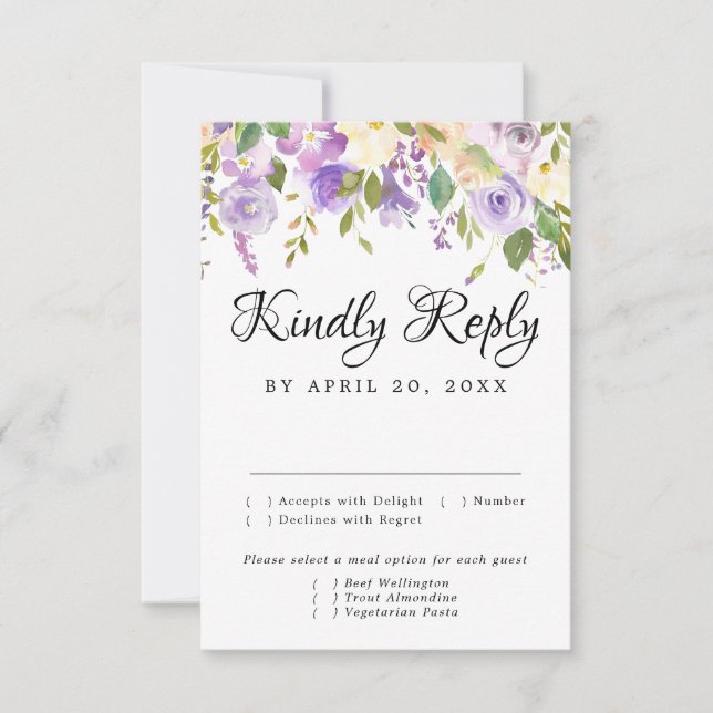 Rustic Purple and White RSVP Card, Meal Options (Front)