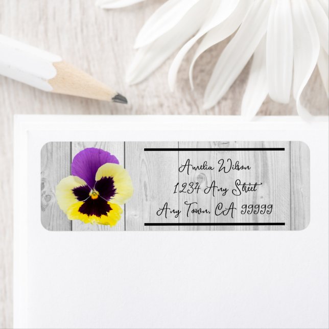 Rustic Purple and Yellow Pansy Label (Insitu)