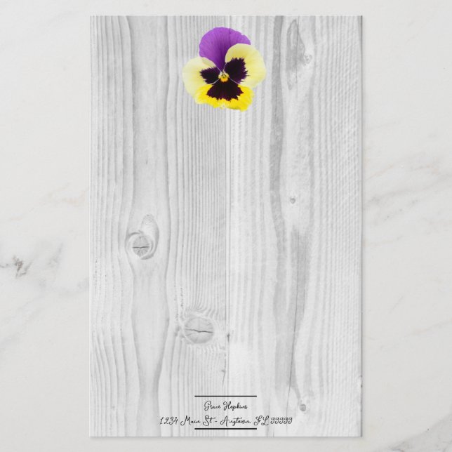 Rustic Purple and Yellow Pansy Stationery (Front)
