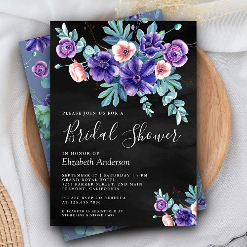 Rustic Purple Anemones Bouquet Black Bridal Shower Invitation