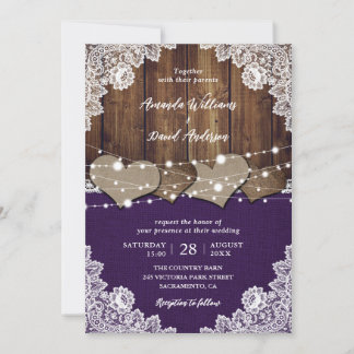 Rustic Purple Barn Wood Burlap Lace Wedding Invitation