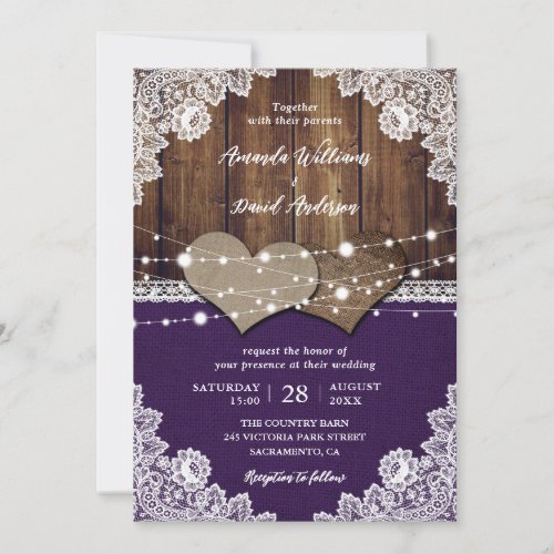 Rustic Purple Barn Wood Burlap Lace Wedding Invitation