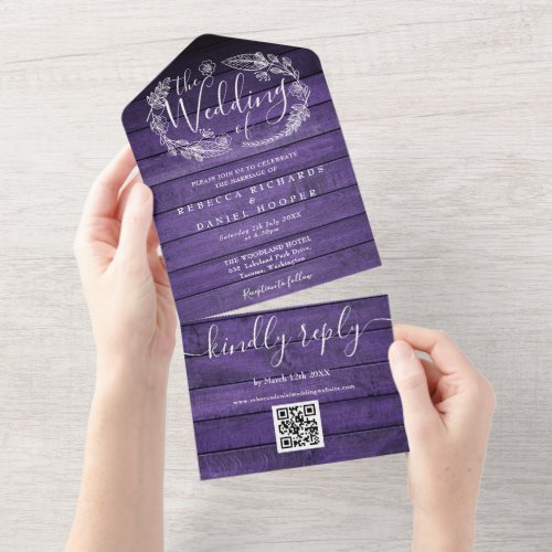 Rustic Purple Barn Wood QR Code Floral Wedding All In One Invitation