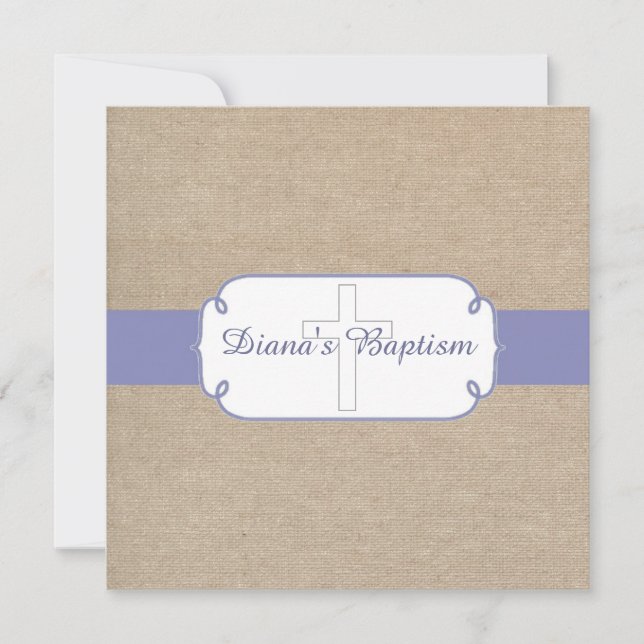 Rustic Purple Beige Burlap Baptism Invitation (Front)