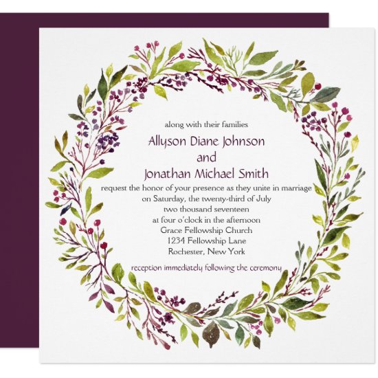 Rustic Purple Berries Greenery Wreath Wedding | Invitation