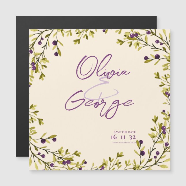 Rustic Purple Berry Greenery Wedding Save the Date (Front/Back)