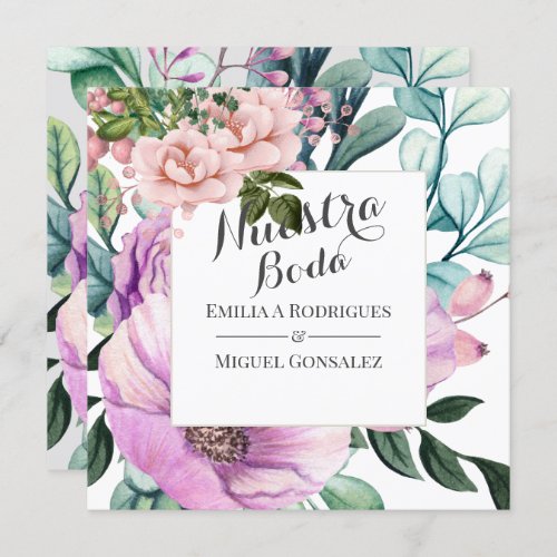 Rustic Purple Bloom Nuestra Boda Spanish Wedding Invitation