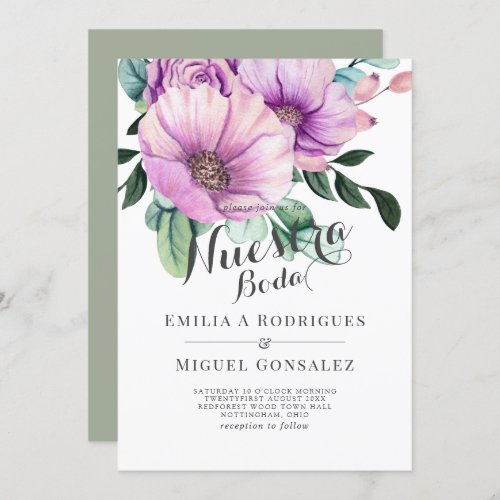 Rustic Purple Bloom Nuestra Boda Spanish Wedding Invitation