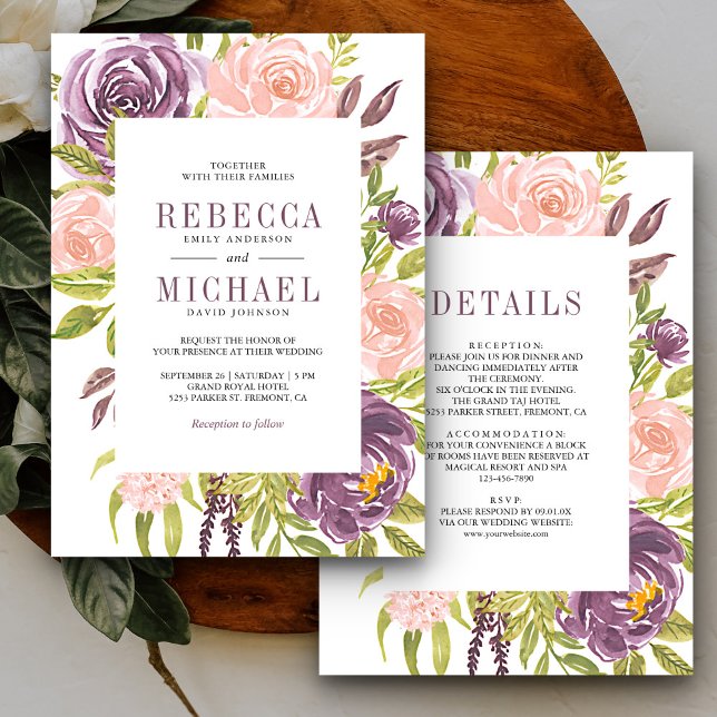 Rustic Purple Blush Pink Floral All in One Wedding Invitation (Creator Uploaded)
