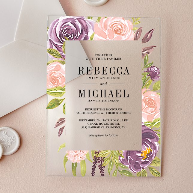 Rustic Purple Blush Pink Floral Wedding Acrylic Invitations (Creator Uploaded)