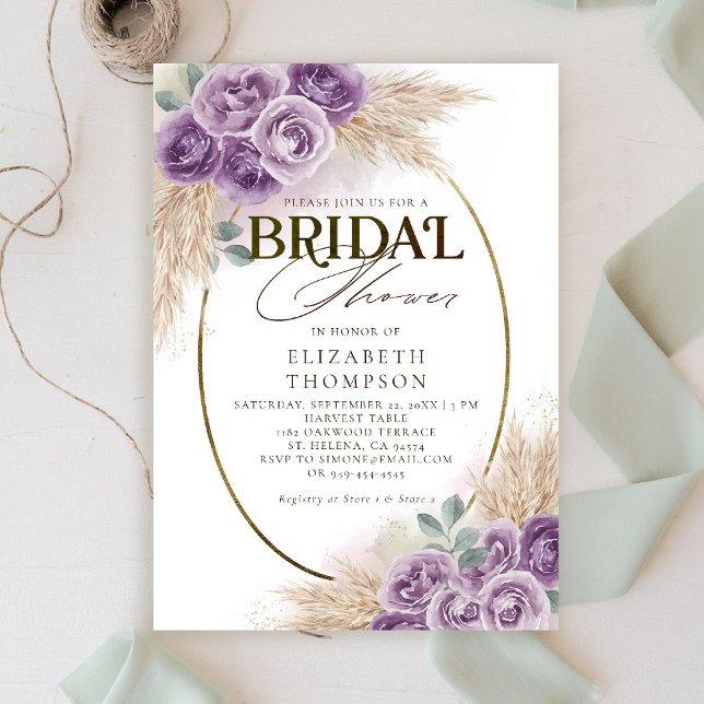 Rustic Purple Boho Chic Floral Frame Bridal Shower Invitation (boho chic rustic purple bridal shower invitation watercolor elegant floral frame barn ranch garden)