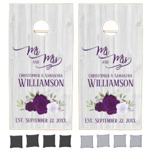 Rustic Purple Boho Chic Roses Mr. & Mrs. Wedding Cornhole Set