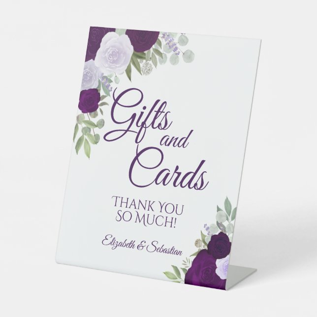 Rustic Purple Boho Floral Gifts & Cards Wedding Pedestal Sign (Front)