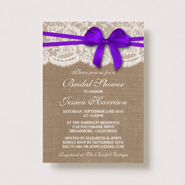 Rustic Purple Bow, Burlap & Lace Bridal Shower Invitation (Creator Uploaded)