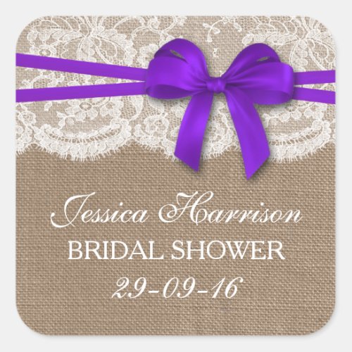 Rustic Purple Bow Burlap  Lace Bridal Shower Square Sticker