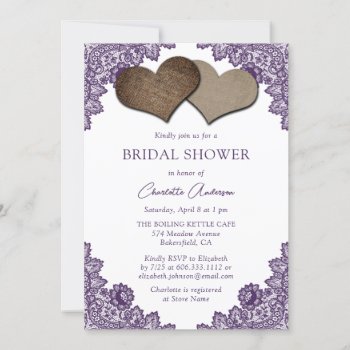 Rustic Purple Burlap And Lace Bridal Shower Invitation by DanielCapPhotography at Zazzle