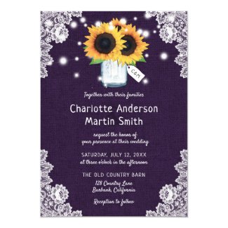 Rustic Purple Burlap and Lace Sunflower Wedding Invitation