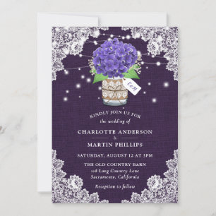 Rustic Purple Burlap Lace Hydrangea Wedding Invitation