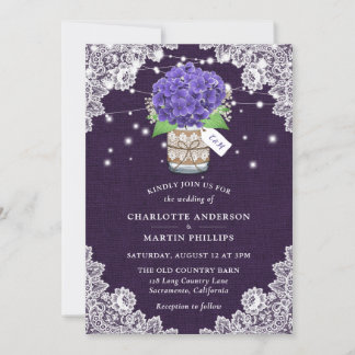 Rustic Purple Burlap Lace Hydrangea Wedding Invitation
