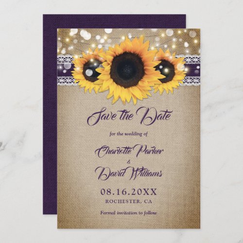 Rustic Purple Burlap Lace Lights Sunflower Wedding Save The Date