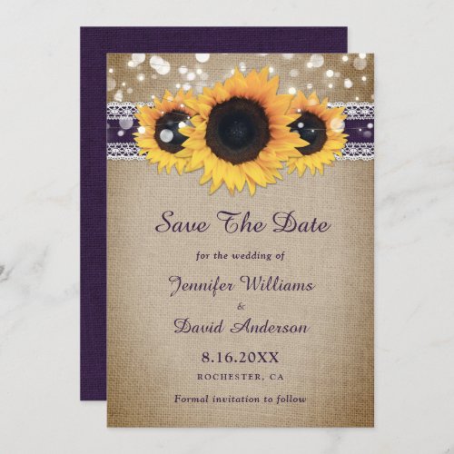 Rustic Purple Burlap Lace Lights Sunflower Wedding Save The Date