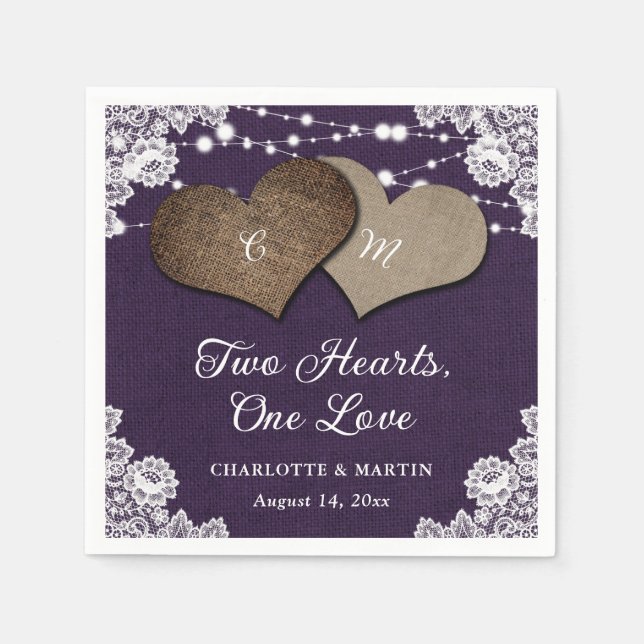 Rustic Purple Burlap Lace String Lights Wedding Napkins (Front)