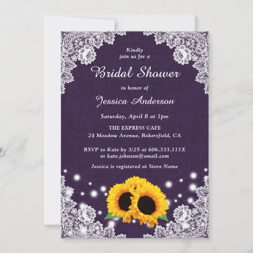 Rustic Purple Burlap Lace Sunflower Bridal Shower Invitation